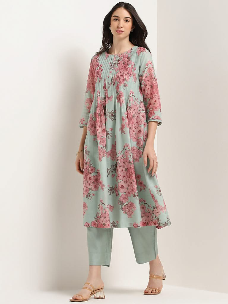 Zuba Mint Floral Cotton Blend A-Line Kurta