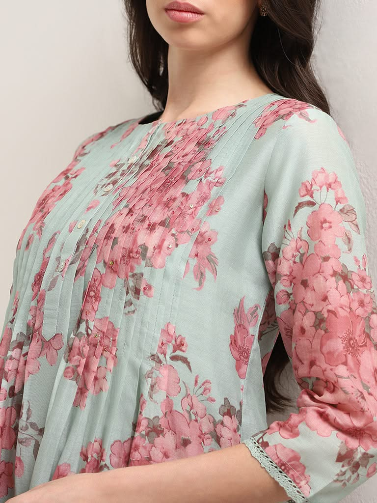 Zuba Mint Floral Cotton Blend A-Line Kurta