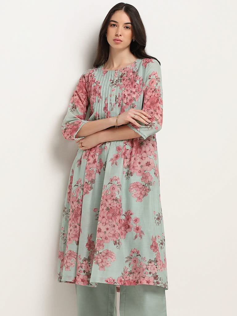 Zuba Mint Floral Cotton Blend A-Line Kurta