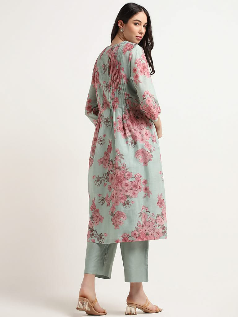 Zuba Mint Floral Cotton Blend A-Line Kurta