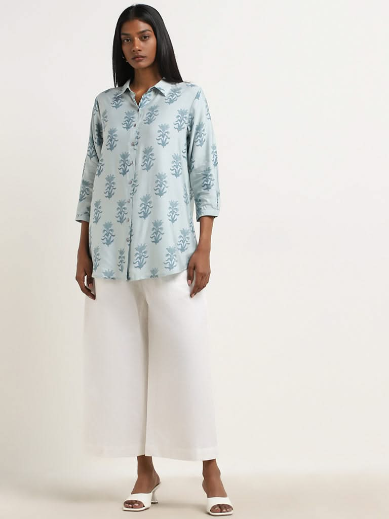 Zuba Light Blue Floral Pattern Cotton Blend Straight Tunic