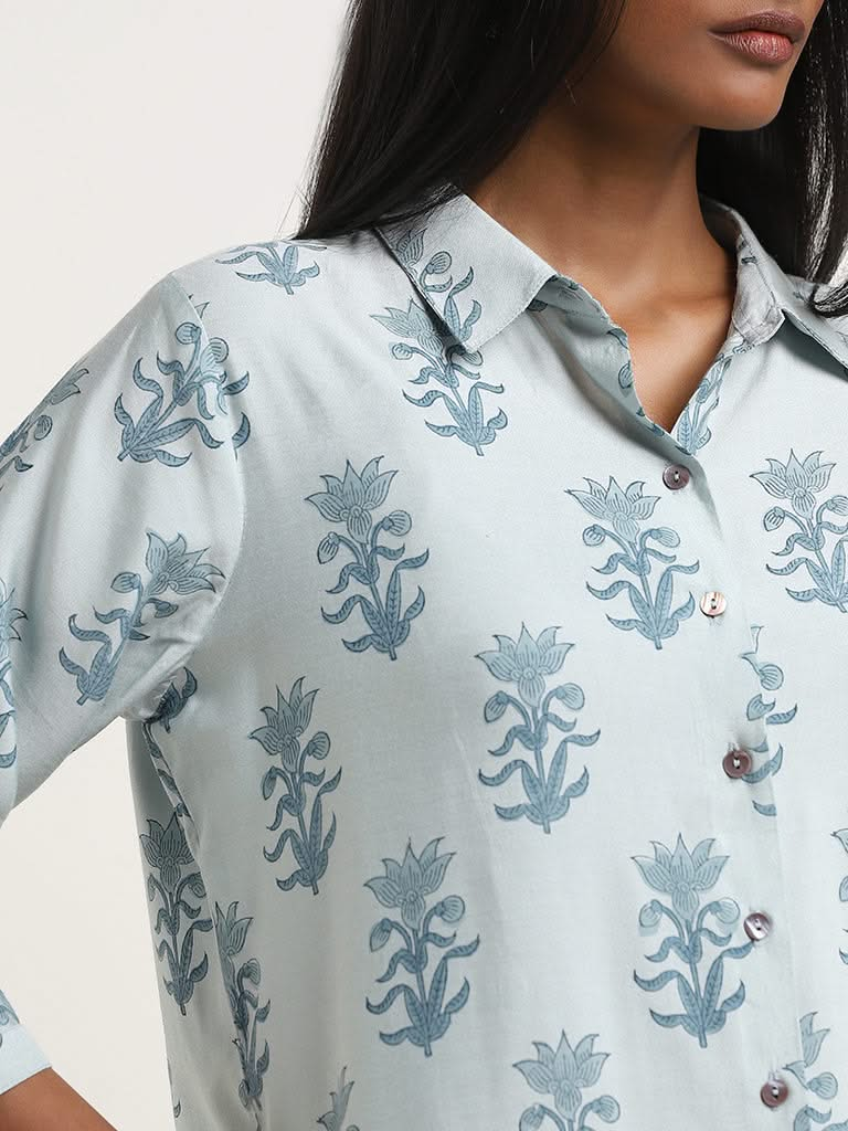 Zuba Light Blue Floral Pattern Cotton Blend Straight Tunic