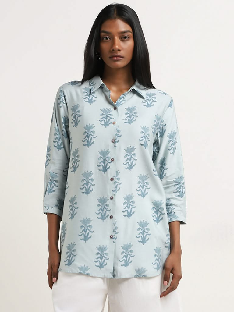 Zuba Light Blue Floral Pattern Cotton Blend Straight Tunic