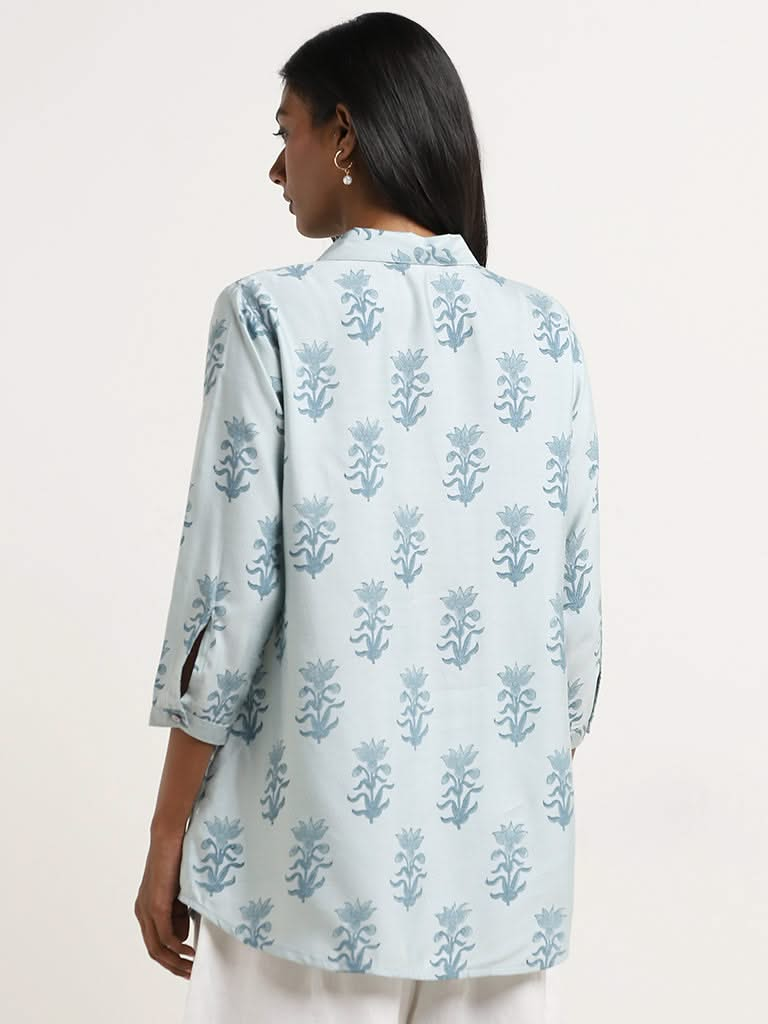 Zuba Light Blue Floral Pattern Cotton Blend Straight Tunic