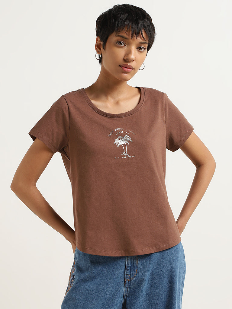 LOV Brown Printed Cotton T-Shirt