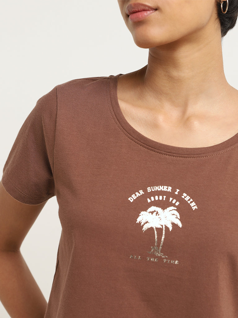 LOV Brown Printed Cotton T-Shirt