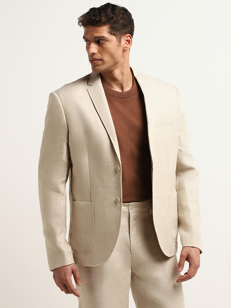 Ascot Solid Beige Relaxed Fit Linen Blazer