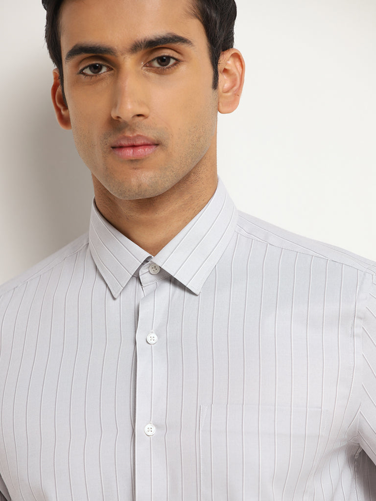 WES Formals Light Grey Striped Cotton Blend Slim Fit Shirt