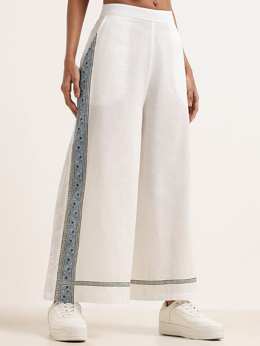 Bombay Paisley White Cotton Wide-Leg Printed Pants