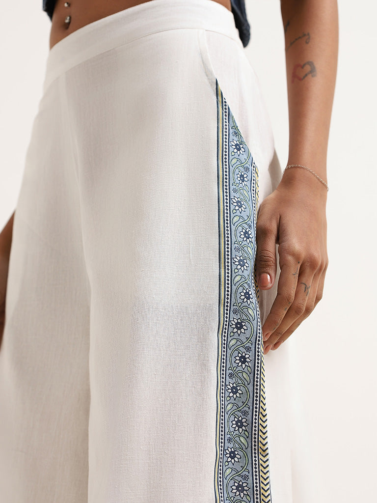 Bombay Paisley White Cotton Wide-Leg Printed Pants