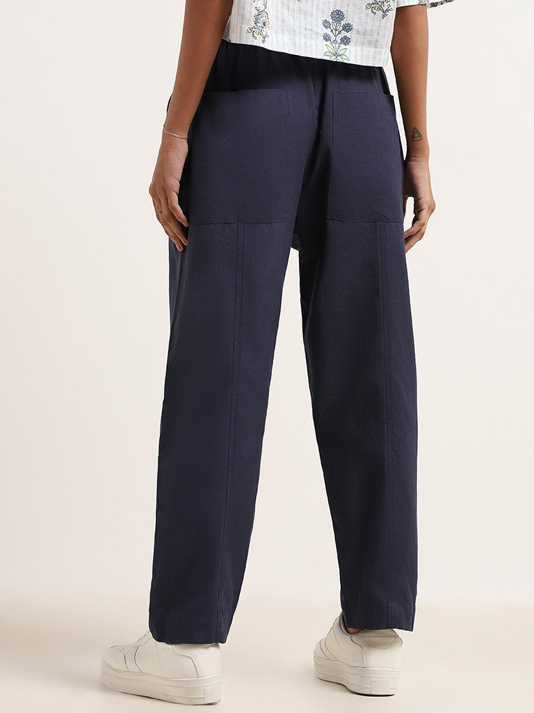 Bombay Paisley Navy Cotton Straight-Leg Ethnic Pants