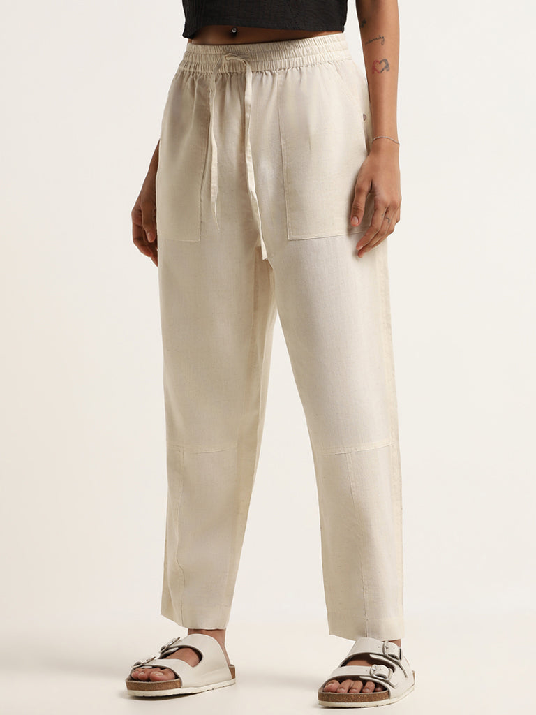 Bombay Paisley Beige Mid-Rise Cotton Blend Straight-Leg Pants