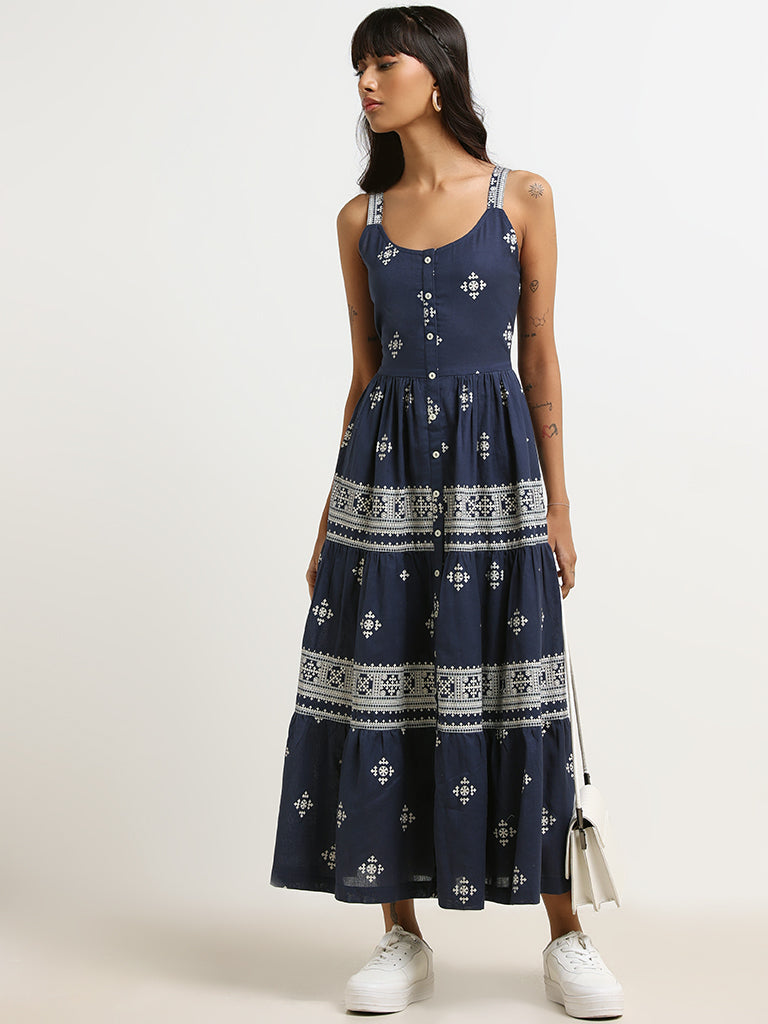 Bombay Paisley Navy Cotton Blend Button Front Maxi Dress