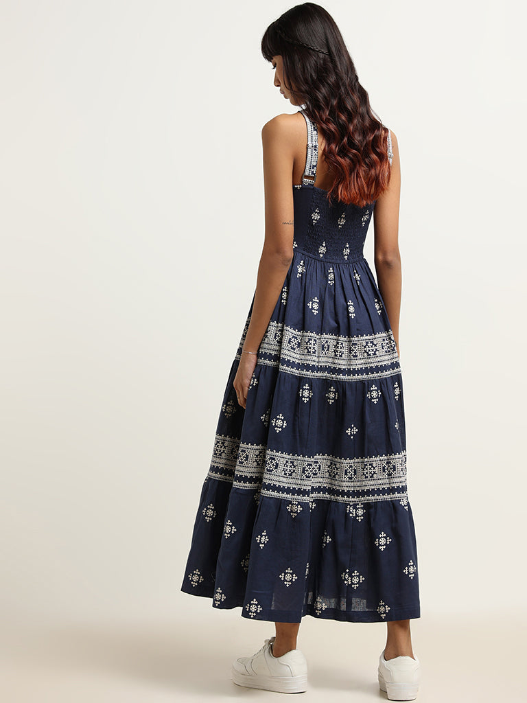 Bombay Paisley Navy Cotton Blend Button Front Maxi Dress