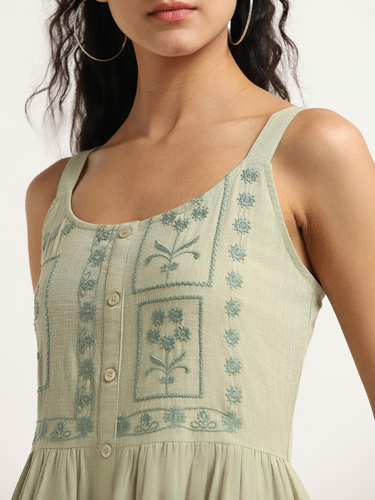 Bombay Paisley Green Embroidered Cotton Maxi Dress