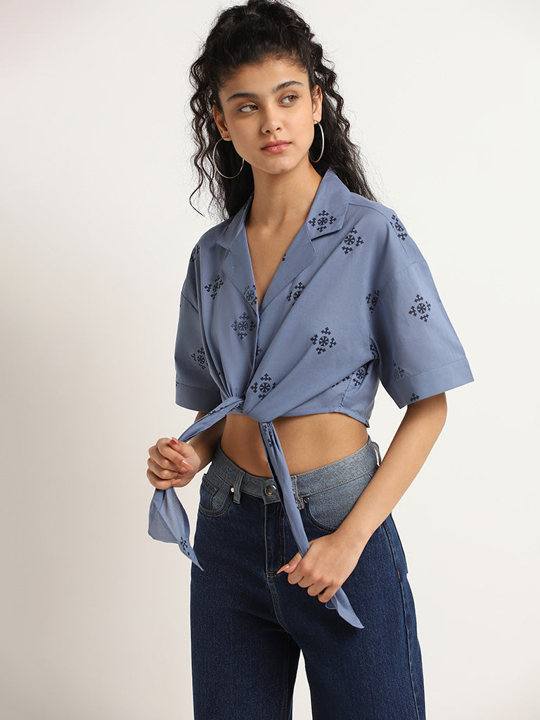 Bombay Paisley Blue Printed Cotton Tie-Up Crop Shirt