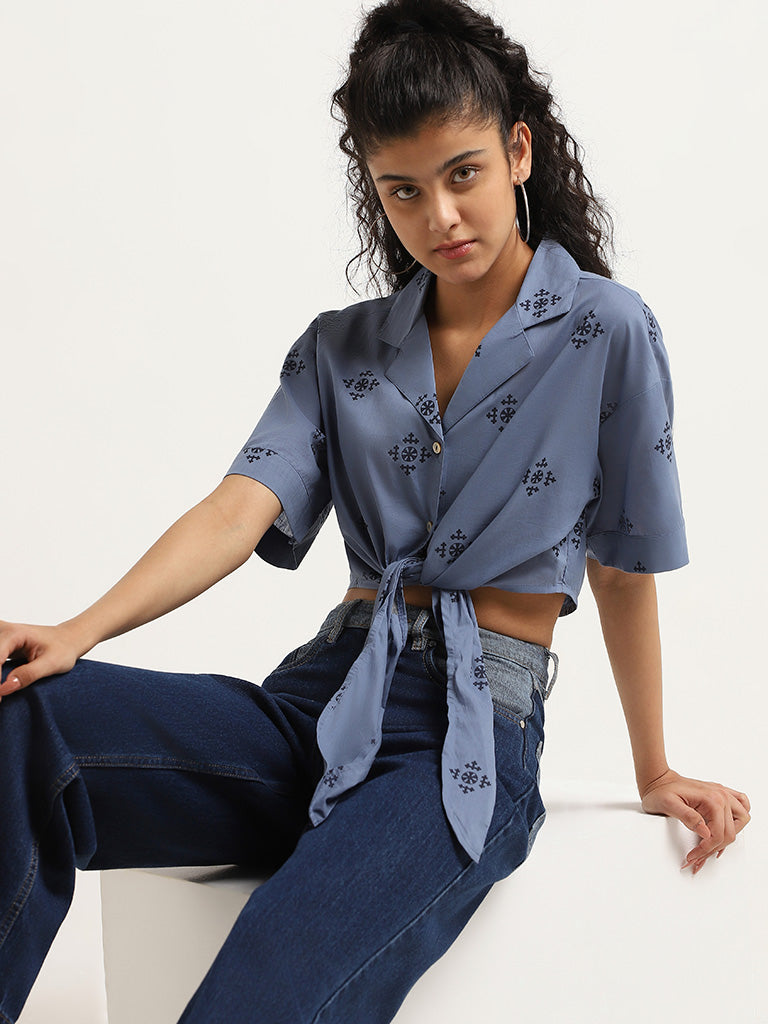 Bombay Paisley Blue Printed Cotton Tie-Up Crop Shirt