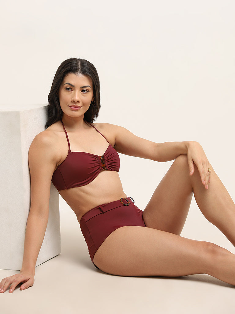 Wunderlove Swimwear Maroon High-Waist Belted Bikini Brief