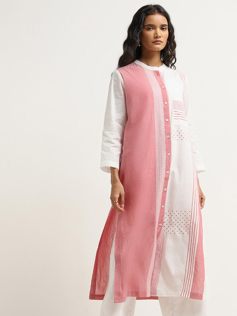 Utsa Red Handloom-Inspired Straight Cotton Kurta