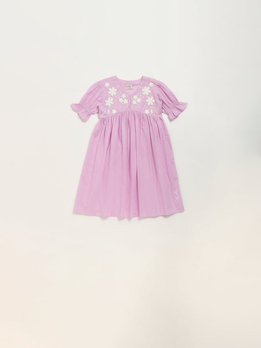 Utsa Kids Purple Floral Embroidered Empire-Line Cotton Dress (2 - 8yrs)