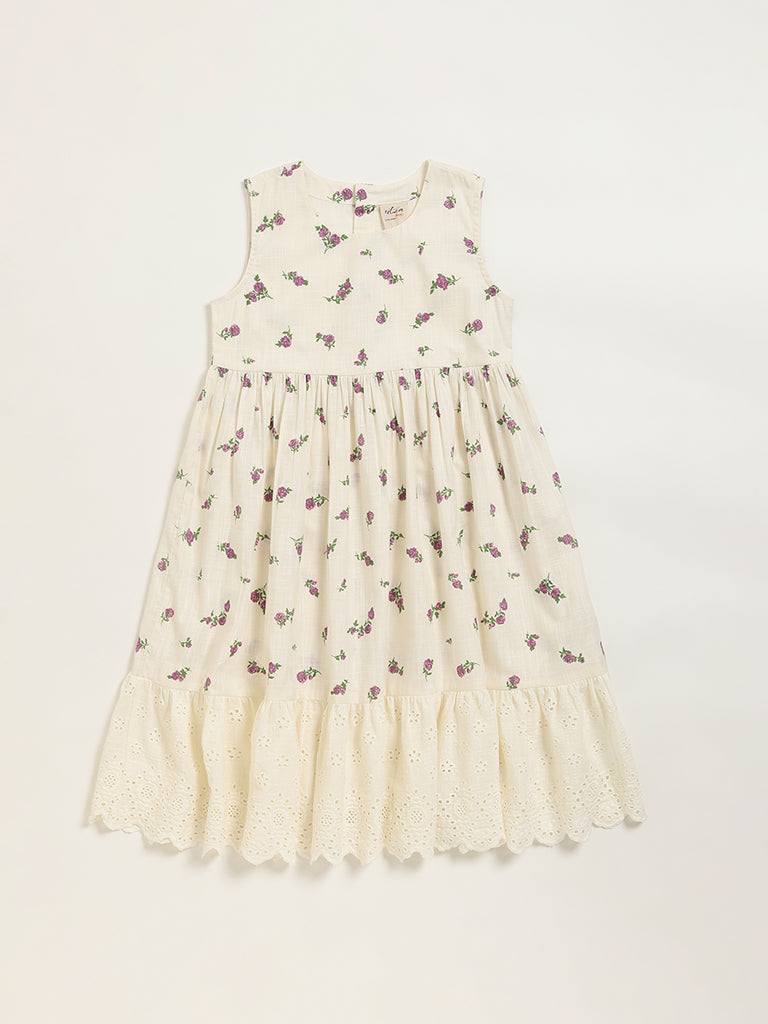 Utsa Kids White Floral Design Cotton Dress (8 -14yrs)