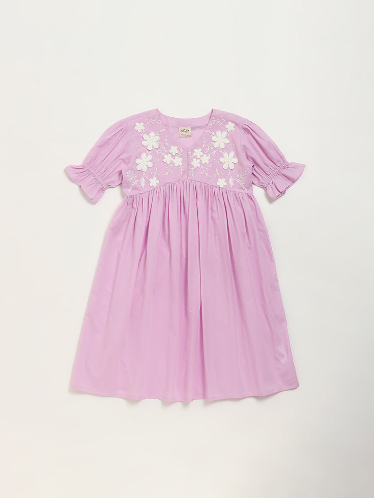 Utsa Kids Purple Floral Embroidered Empire-Line Cotton Dress (8 -14yrs)