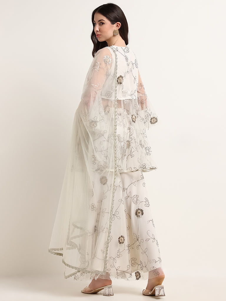 Vark White Embroidered Kurti With Front Slit Set