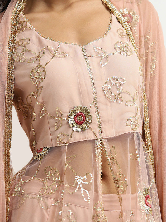 Vark Peach Floral Embroidered Kurti With Front Slit Set