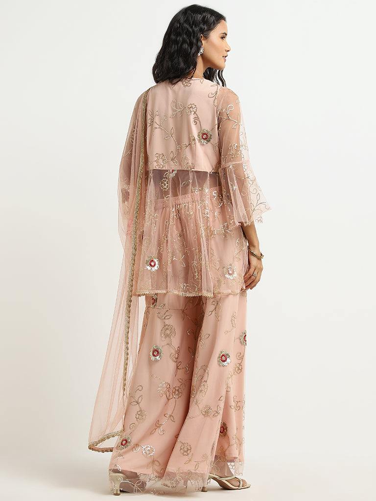 Vark Peach Floral Embroidered Kurti With Front Slit Set