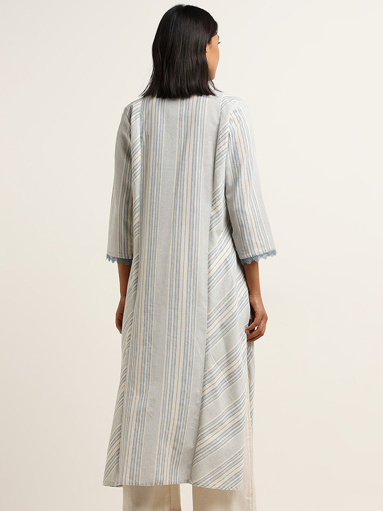 Utsa Blue Lace Design Blended Linen A-Line Kurta