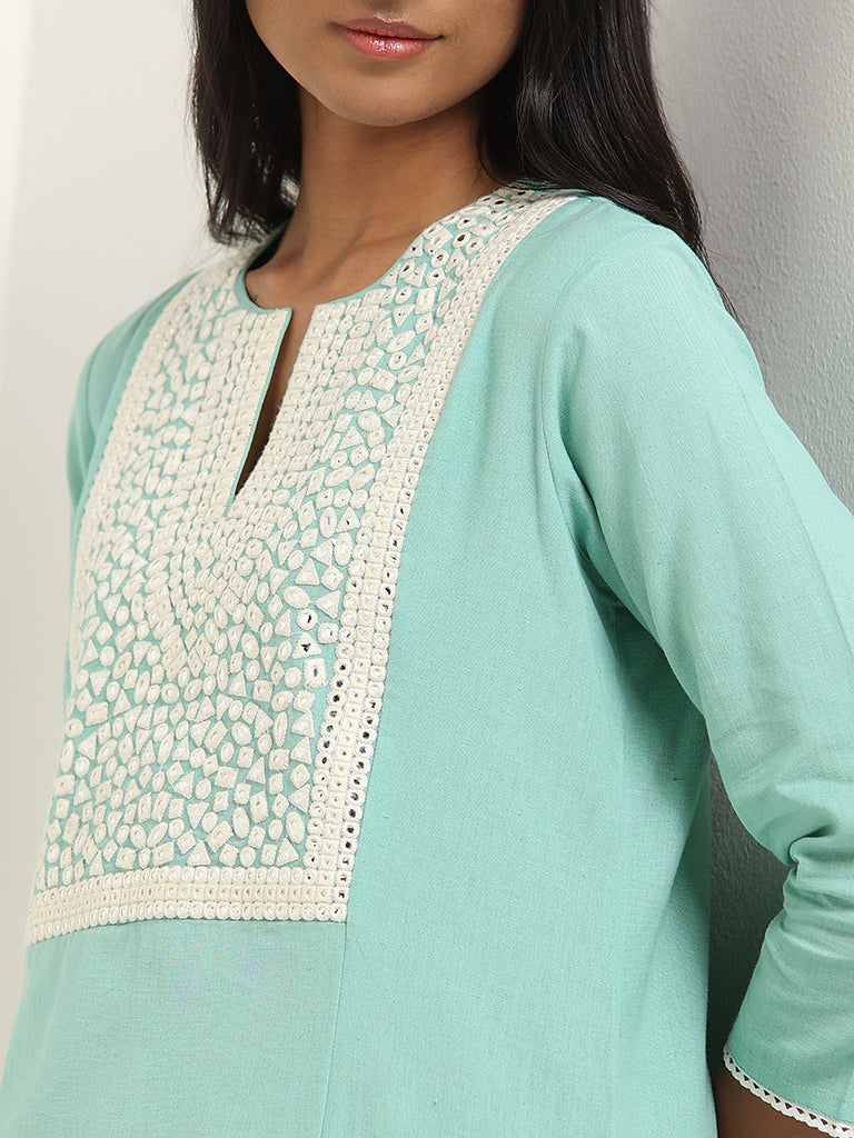 Utsa Turquoise Mirror Embroidered Blended Linen Kurta