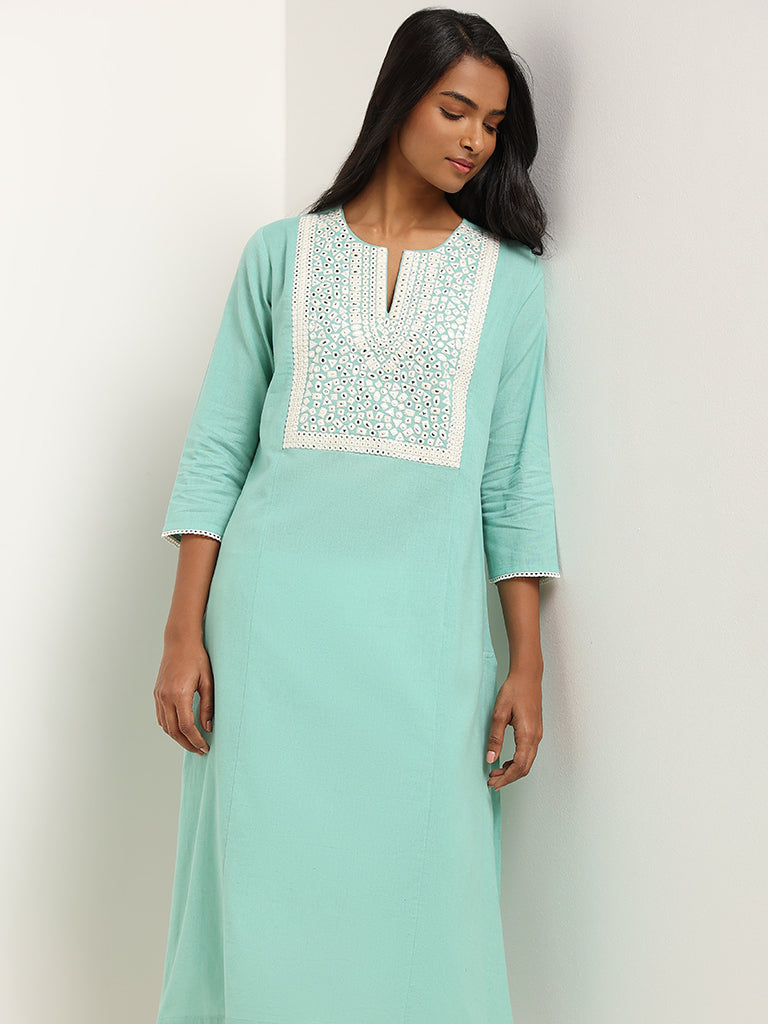 Utsa Turquoise Mirror Embroidered Blended Linen Kurta