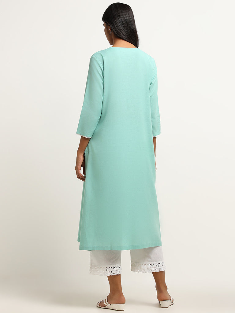 Utsa Turquoise Mirror Embroidered Blended Linen Kurta