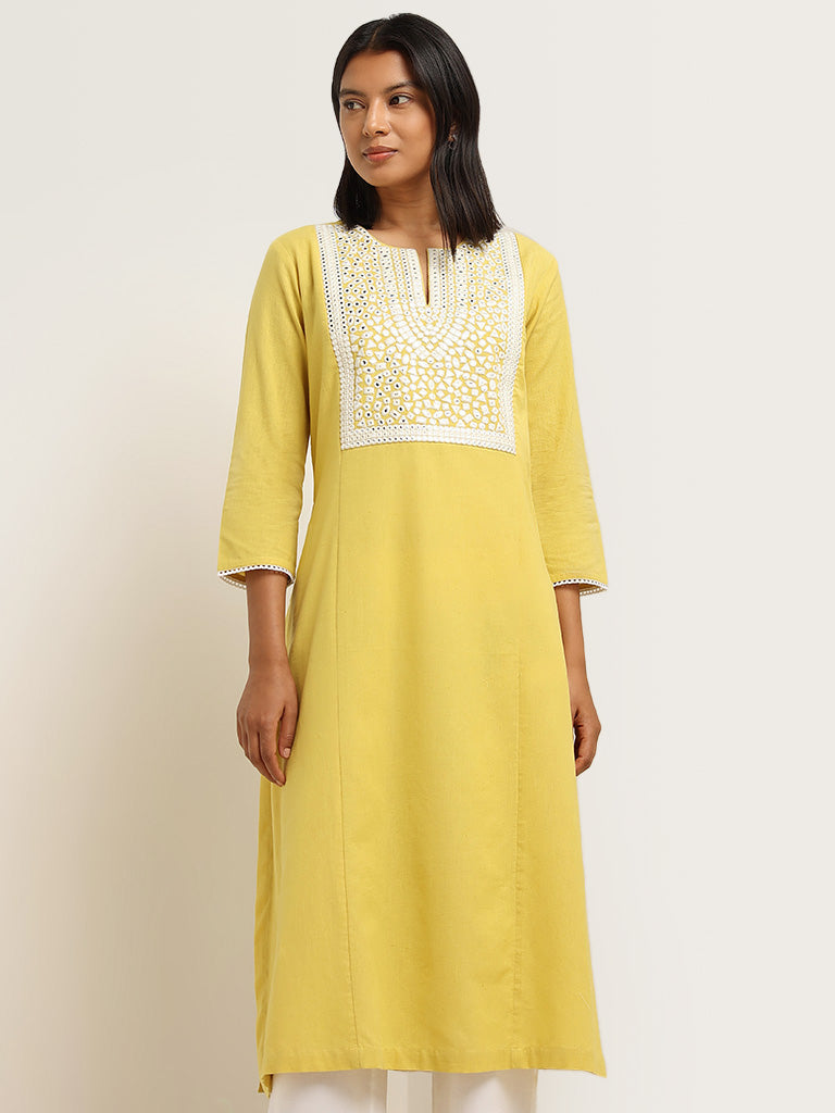 Utsa Mustard Mirror Detailed Blended Linen A-Line Kurta