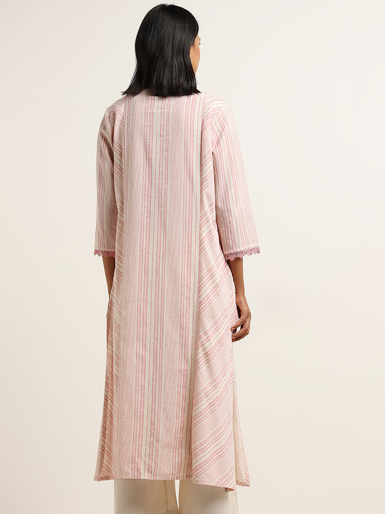 Utsa Pink Stripe Printed Cotton Blend A-Line Kurta