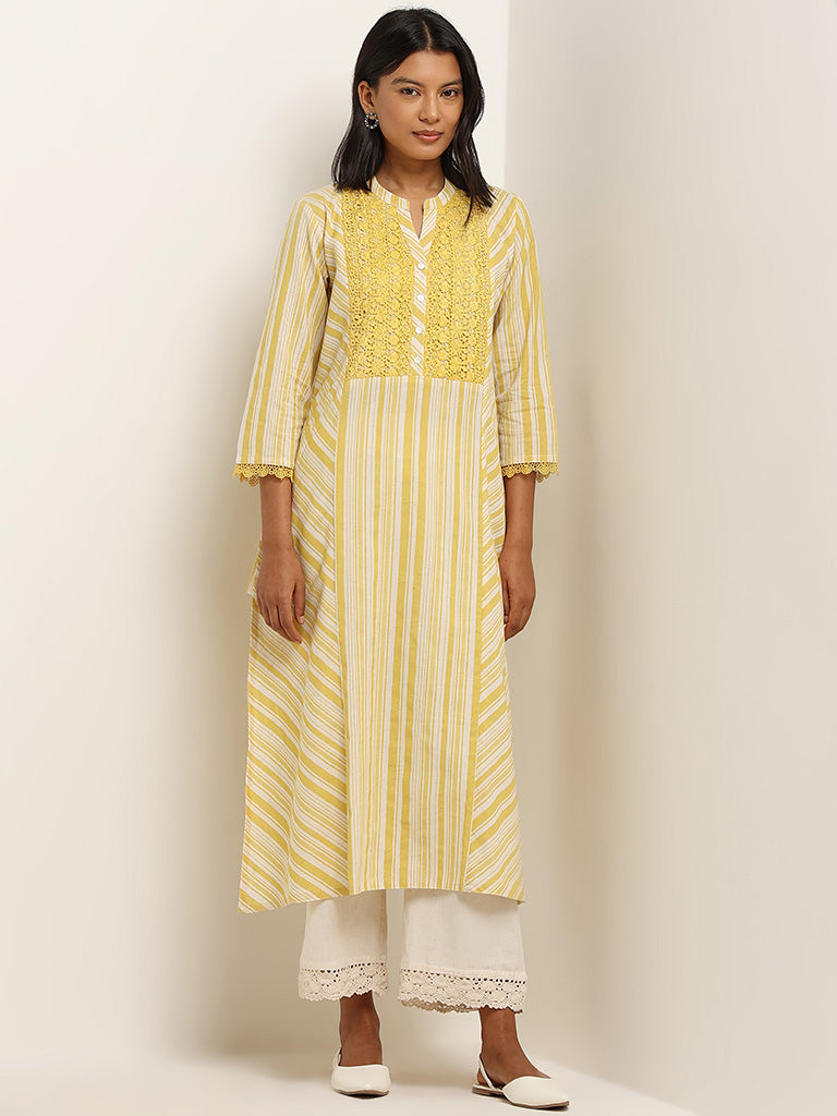 Utsa Yellow Stripe Printed Cotton Blend A-Line Kurta