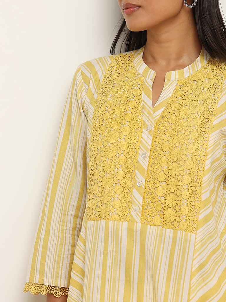 Utsa Yellow Stripe Printed Cotton Blend A-Line Kurta