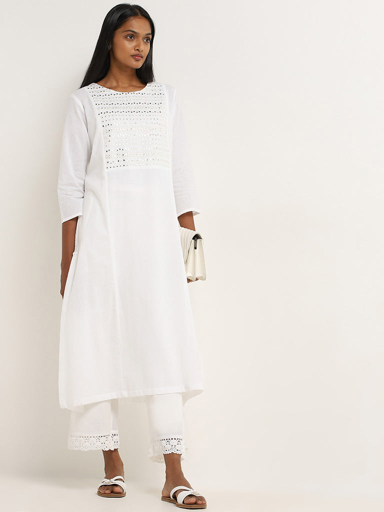 Utsa White Embroidered Blended Linen A-Line Kurta