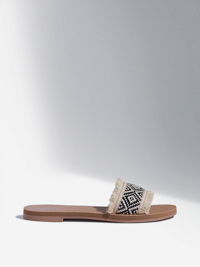 LUNA BLU Black Aztec Pattern Slides