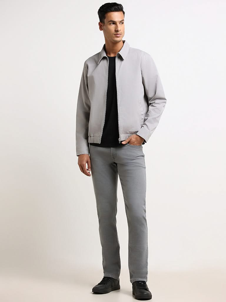 Ascot Grey Cotton Blend Relaxed Fit Bomber Jacket