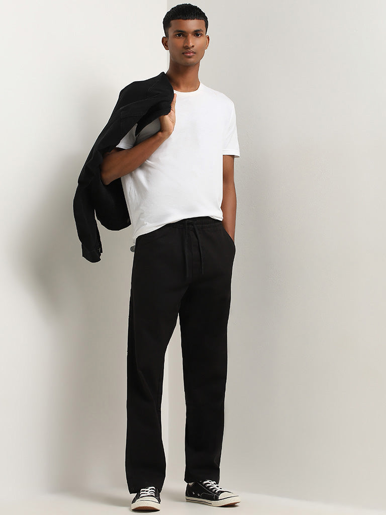 Nuon Black Cotton Relaxed Fit Mid Rise Pants