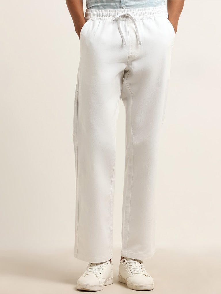 Nuon White Relaxed Fit Solid Cotton Mid Rise Pants