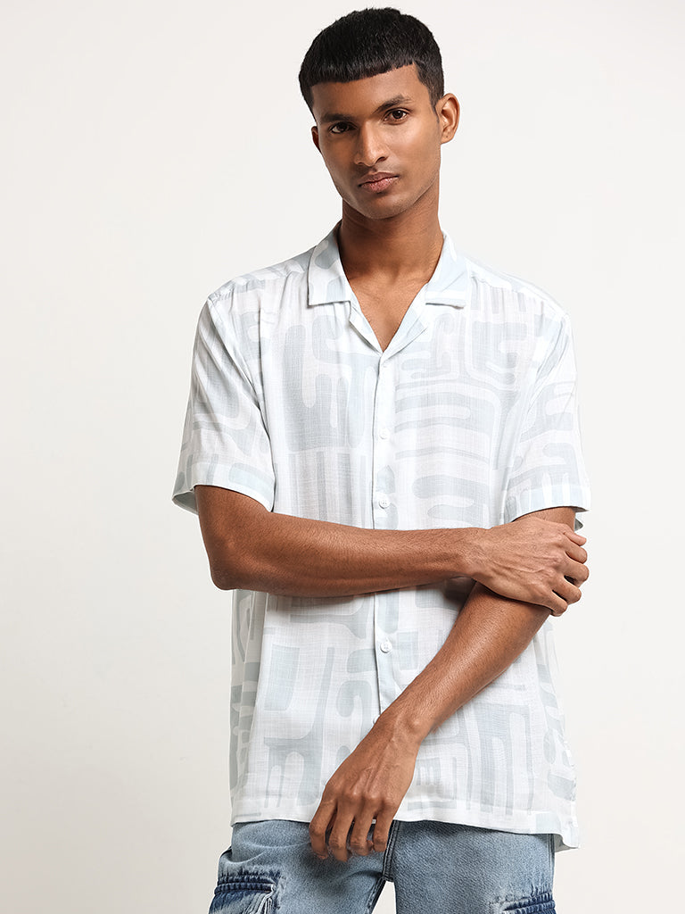 Nuon Light Grey Relaxed Fit Printed Cotton Shirt