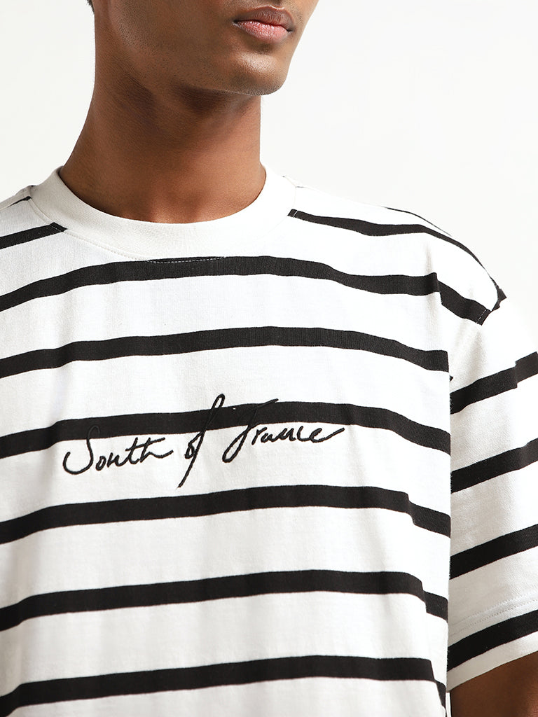 Nuon Black Monochrome Striped Cotton Relaxed Fit T-Shirt