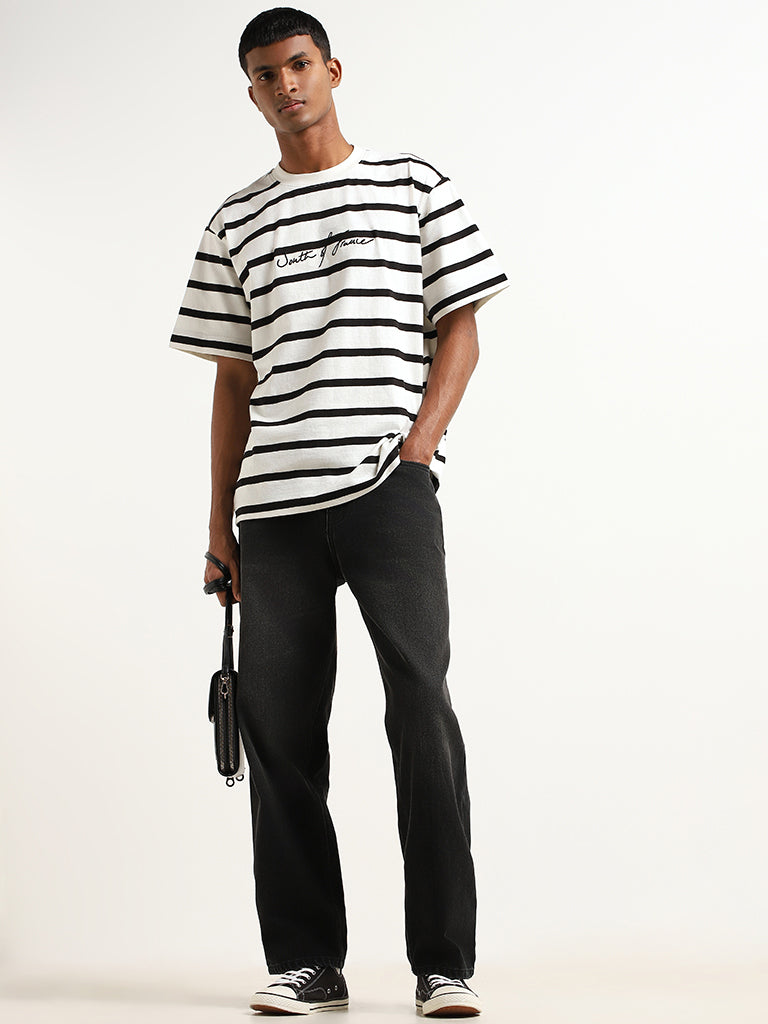 Nuon Black Monochrome Striped Cotton Relaxed Fit T-Shirt