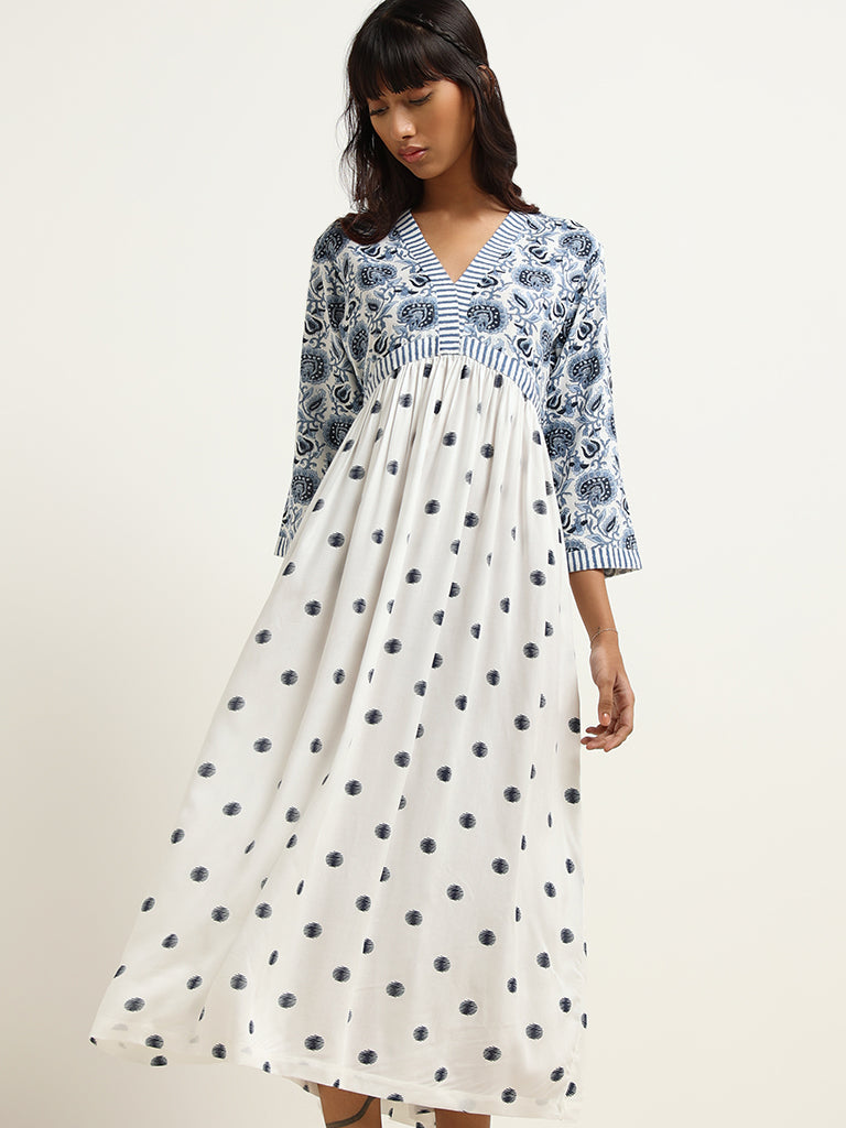 Bombay Paisley White Gathered-bodice Maxi Dress