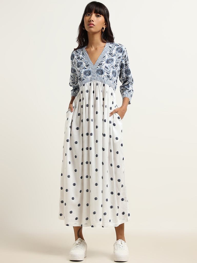 Bombay Paisley White Gathered-bodice Maxi Dress