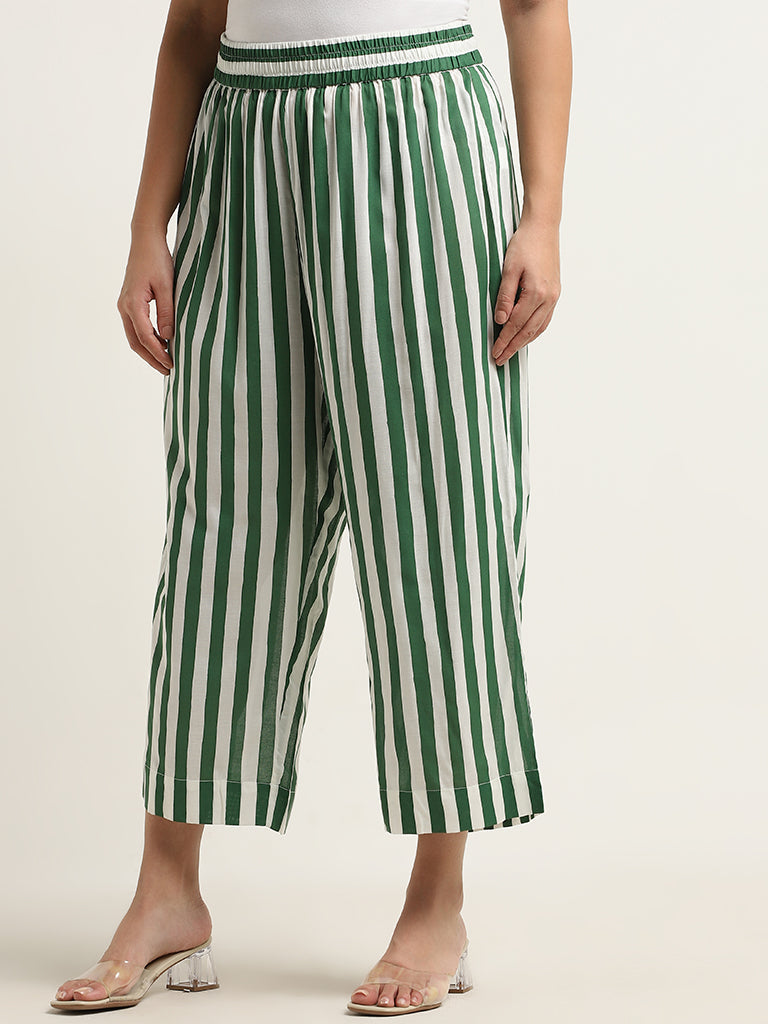 Diza Green Stripe Printed Mid-Rise Palazzos