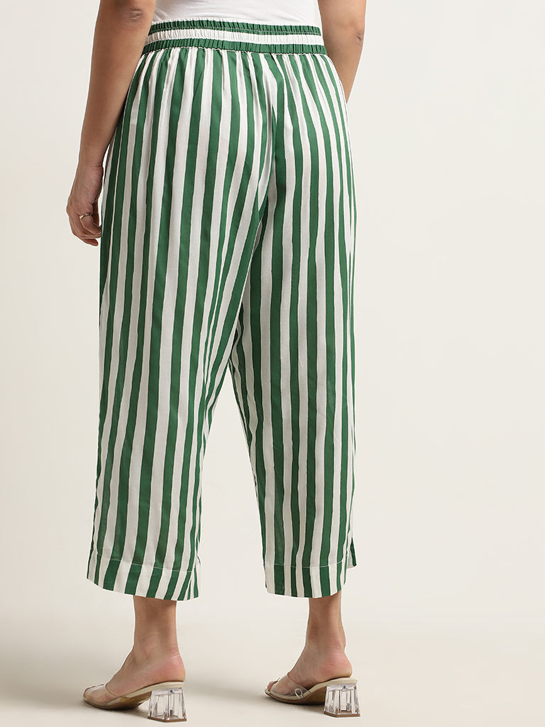 Diza Green Stripe Printed Mid-Rise Palazzos