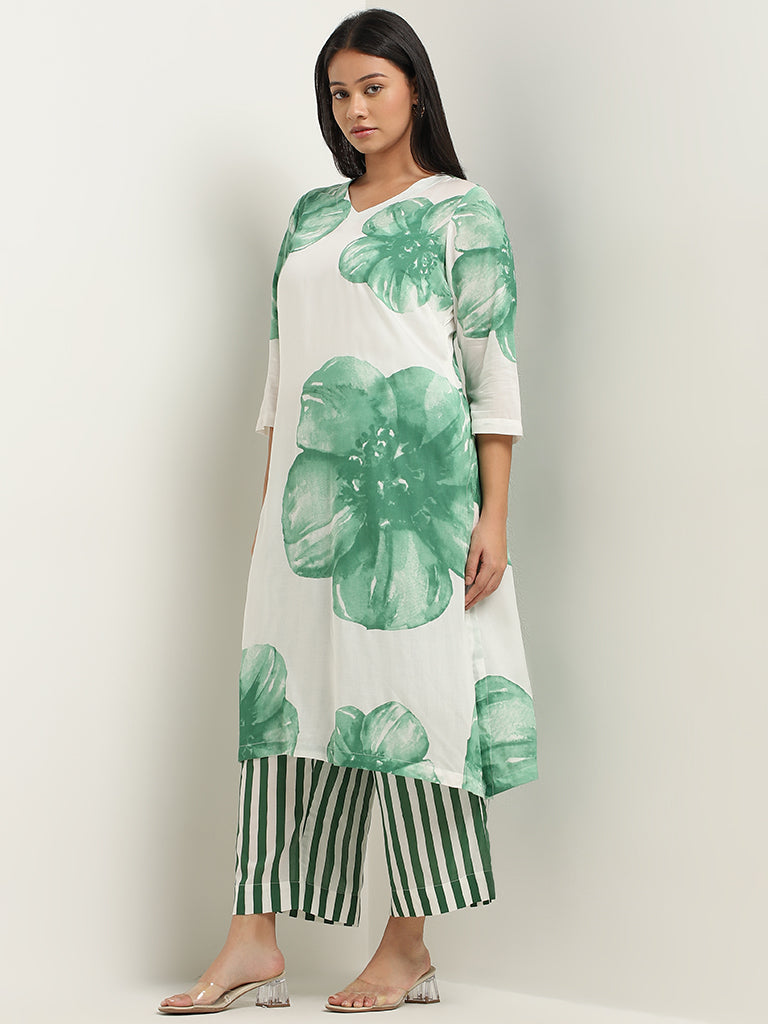 Diza Green Stripe Printed Mid-Rise Palazzos